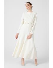 gold düğmeli volanlı elbise ekru