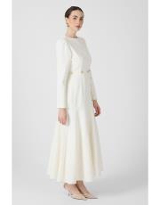 gold düğmeli volanlı elbise ekru 3