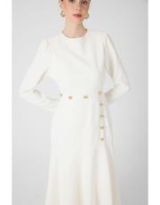 gold düğmeli volanlı elbise ekru 4