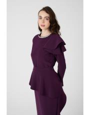 yakası taşlı fırfırlı takım  koyu mor