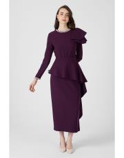 yakası taşlı fırfırlı takım  koyu mor 2